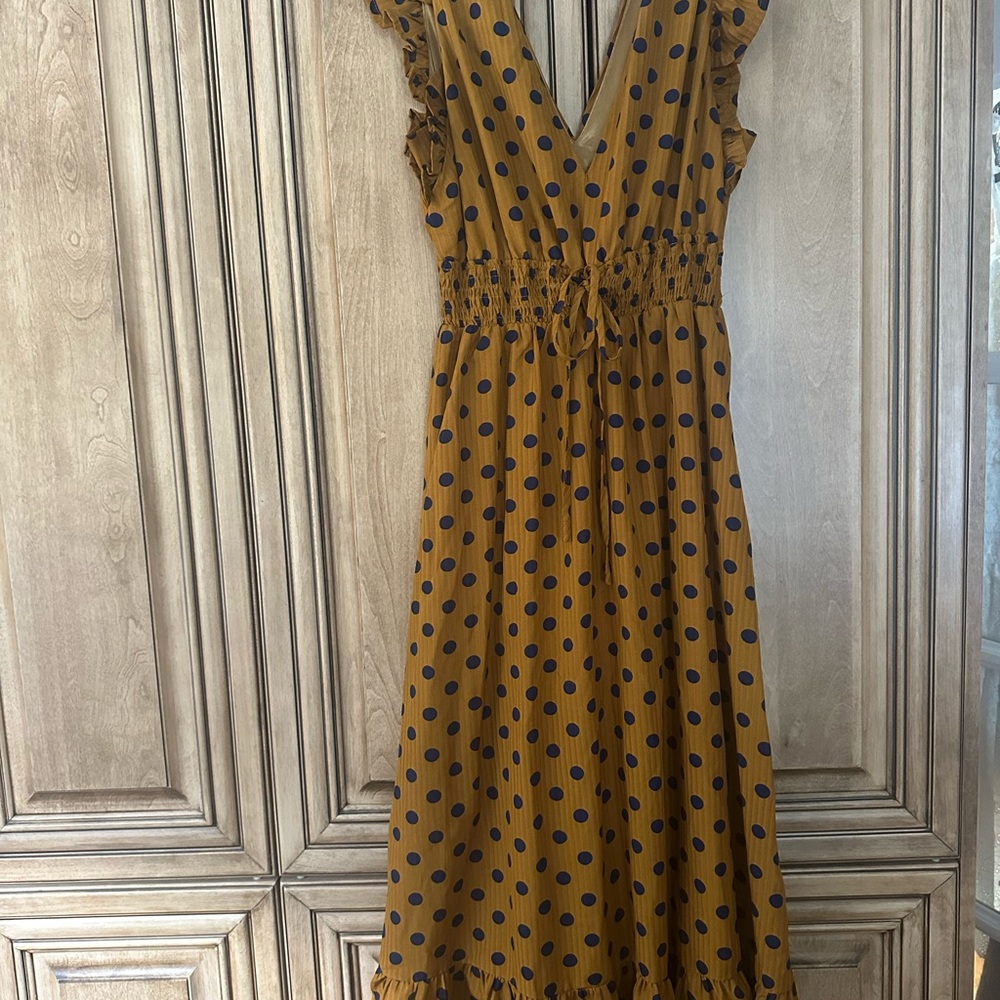 Mustard Polka Dot Maxi Dress with Smocked Waist